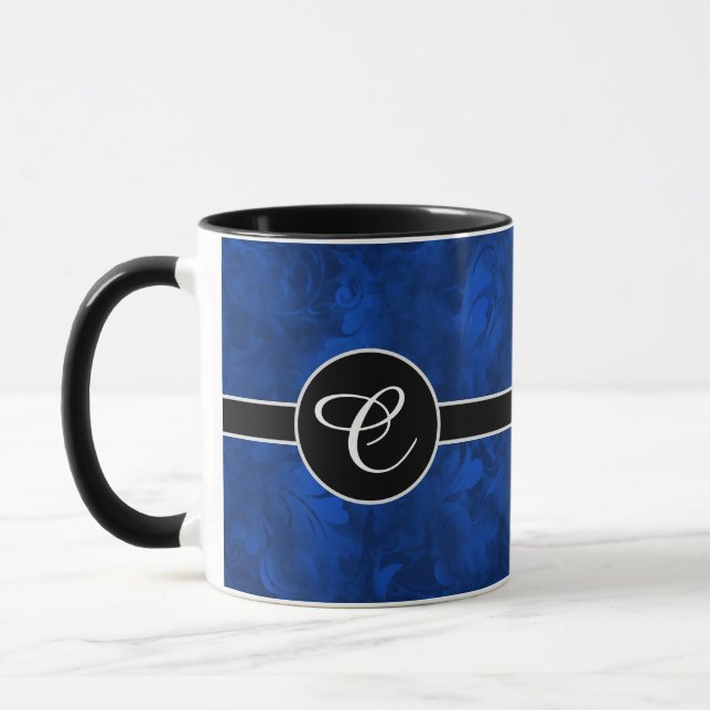 Monogram Sapphire Blue Abstract Feather Pattern Mug (Left)