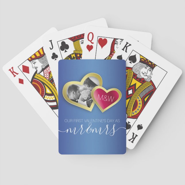 Monogram Sapphire Blue Ruby Red Valentine Photo Playing Cards (Back)