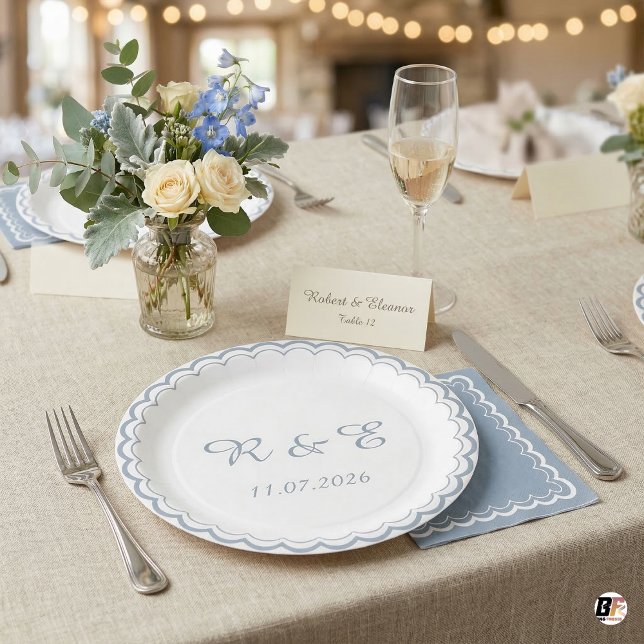 Monogram Scalloped Wedding Dusty Blue Paper Plate (Creator Uploaded)