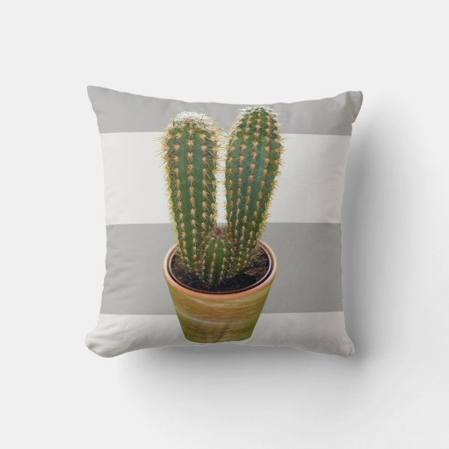 Monogram Scandinavian Style Cactus  & Grey Stripes Throw Pillow (Front)
