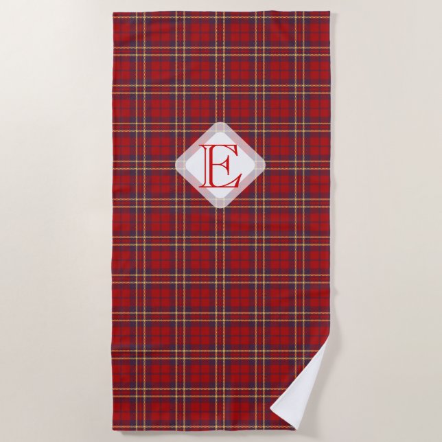 Monogram, Scottish Highland clan red plaid tartan: Beach Towel (Front)