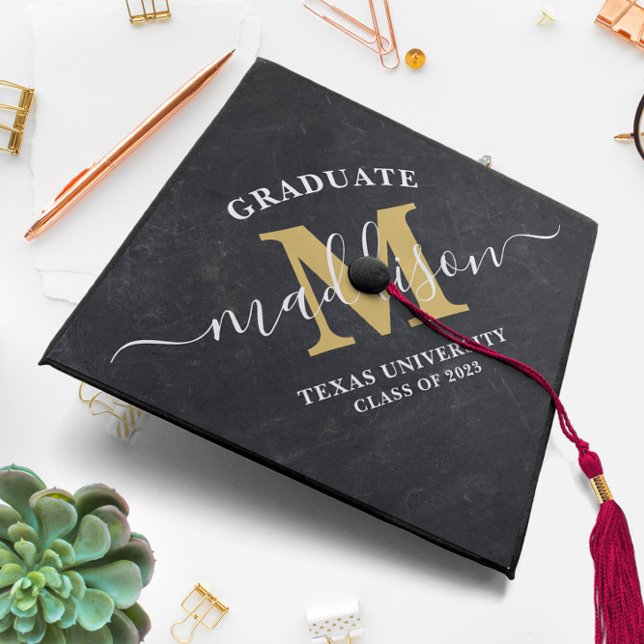 Monogram Script Black and Gold Modern Graduation C Cap Topper (Creator Uploaded)