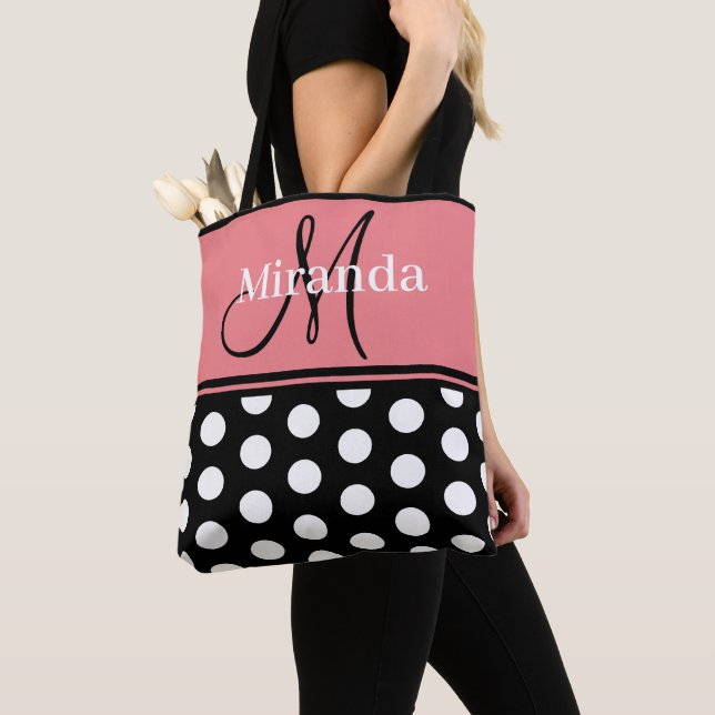 Monogram Script Black Pink White Polka Dots Tote Bag (Close Up)