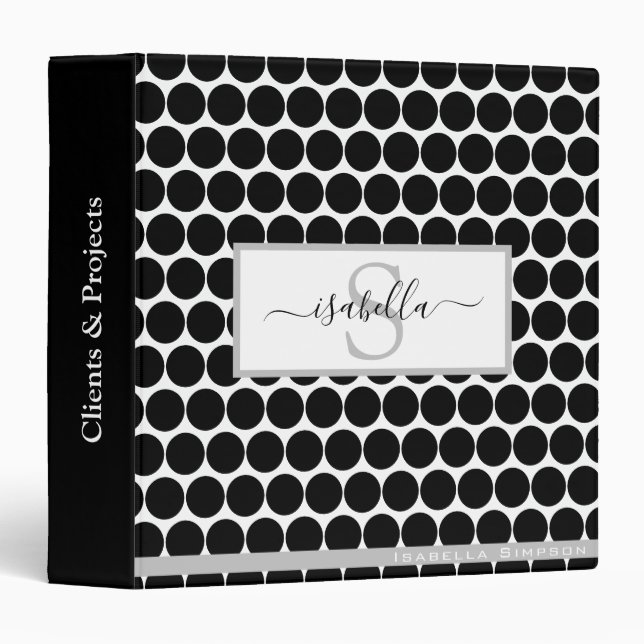 Monogram Script Black White Pattern 3 Ring Binder (Front/Spine)