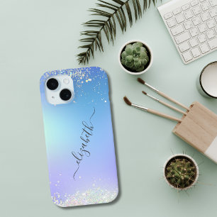 Monogram Script Blue Purple Glitter Trendy iPhone 15 Case