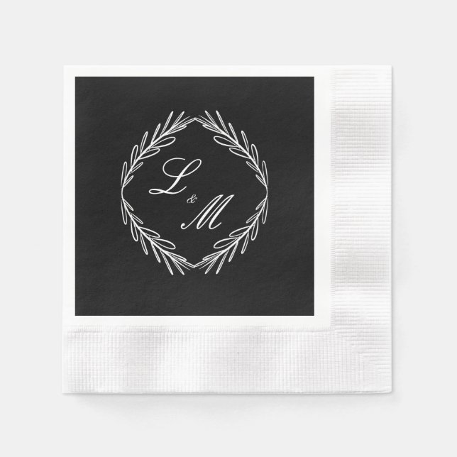 Monogram Script Branch Black White Wedding Napkin (Front)