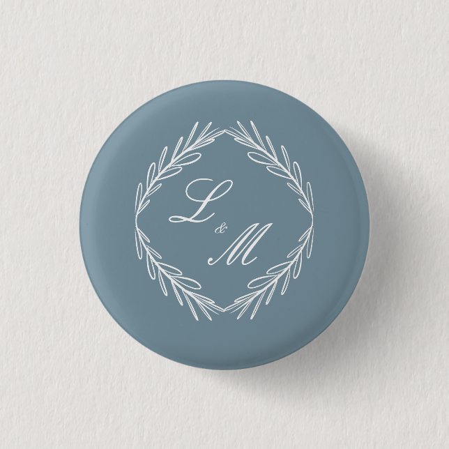 Monogram Script Branch Dusty Blue Wedding 1 Inch Round Button (Front)