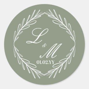 Monogram Script Branch Sage Green Wedding Classic Round Sticker