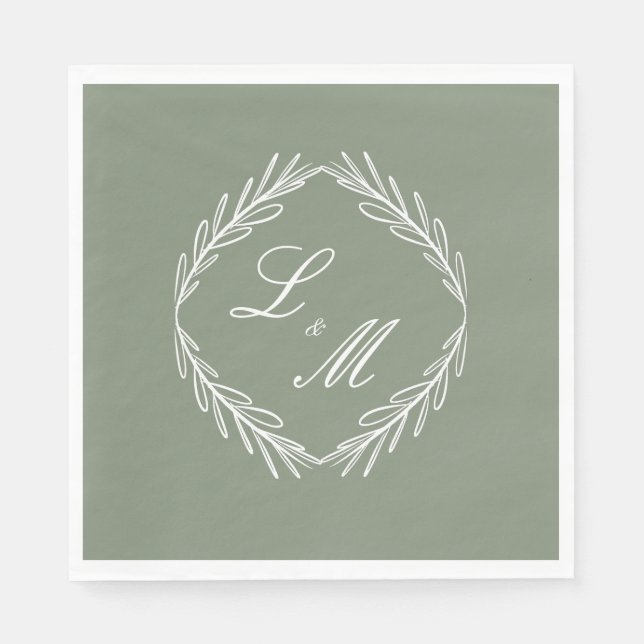Monogram Script Branch Sage Green Wedding  Napkin (Front)
