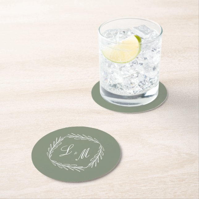 Monogram Script Branch Sage Green Wedding    Round Paper Coaster (Insitu)