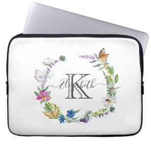 Monogram Script Calligraphy Butterflies Flowers  Laptop Sleeve