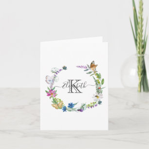 Monogram Script Calligraphy Butterflies Flowers N Note Card