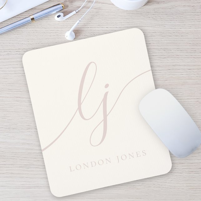 Monogram Script Calligraphy Elegant Ivory Pink Mouse Pad (Creator Uploaded)