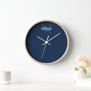 Monogram Script Calligraphy Navy Blue Clock