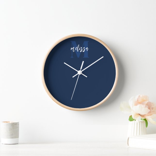 Monogram Script Calligraphy Navy Blue Clock (Home)