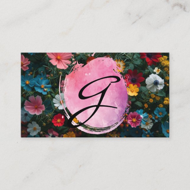 Monogram Script | Colourful Flowers Business Card (Front)
