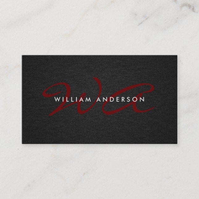 Monogram Script Corporate Minimal Black Linen Business Card (Front)