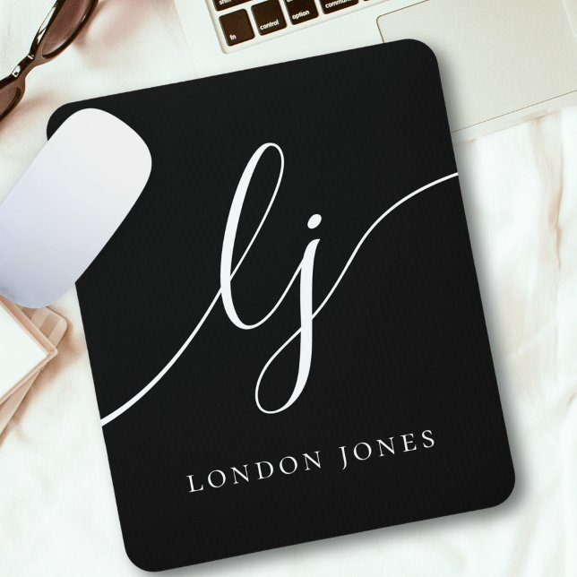 Monogram Script Elegant Feminine Black White Mouse Pad (Creator Uploaded)