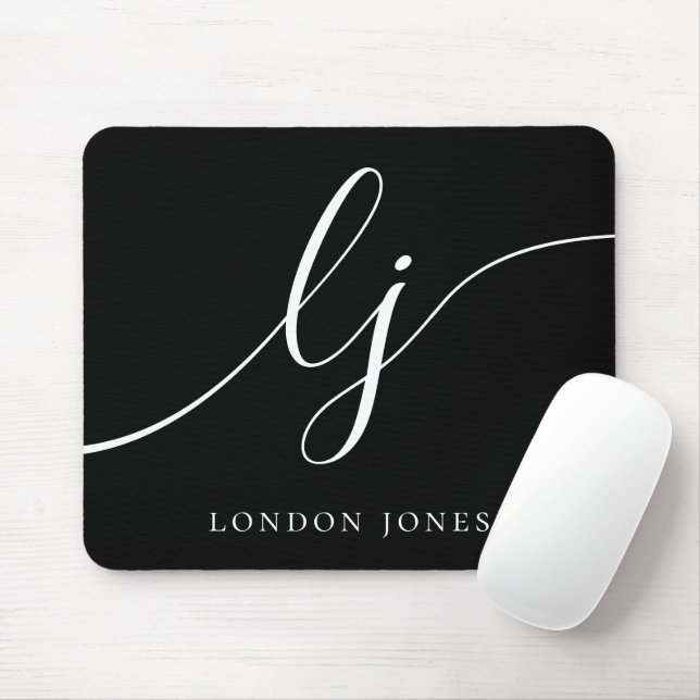 Monogram Script Elegant Feminine Chic Black Mouse Pad (With Mouse)