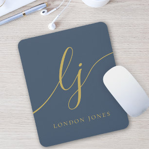 Monogram Script Elegant Feminine Navy Blue Gold Mouse Pad