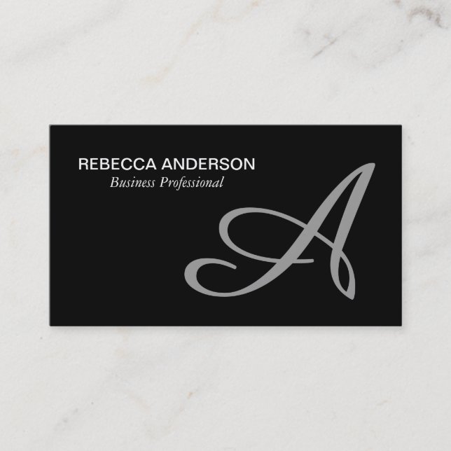 Monogram Script Grey | Black Background Business Card (Front)