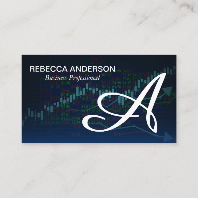 Monogram Script Grey | Financial Chart Stocks Business Card (Front)