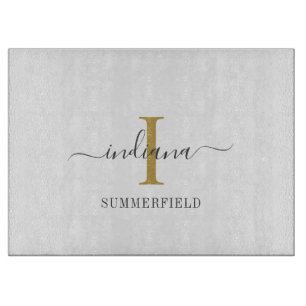 Monogram Script Hand-Lettered Name Gold Grey Cutting Board