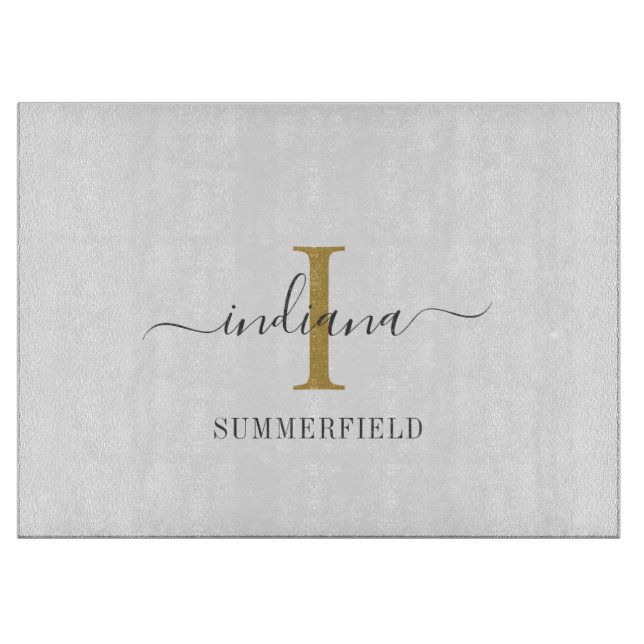 Monogram Script Hand-Lettered Name Gold Grey Cutting Board (Front)