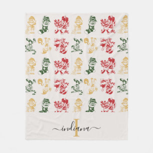 Monogram Script Holiday Elves Green Gold Fleece Blanket