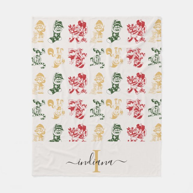 Monogram Script Holiday Elves Green Gold Fleece Blanket (Front)