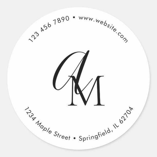 Monogram Script Marketing White Classic Round Sticker (Front)
