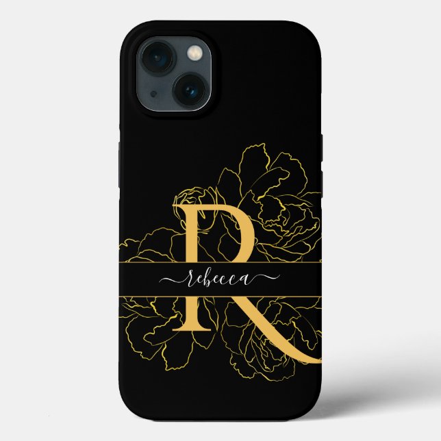 Monogram Script Modern Name Black Gold Floral Case-Mate iPhone Case (Back)