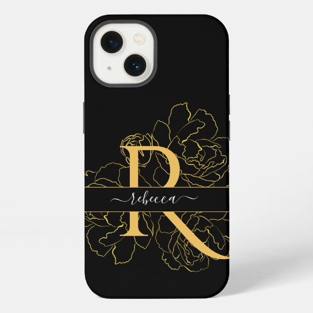 Monogram Script Modern Name Black Gold Floral iPhone Case (Back)