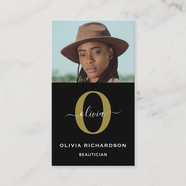 Monogram Script Name Black White Gold Job Vertical Business Card (Front)