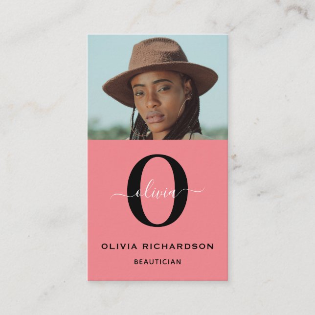 Monogram Script Name Black White Pink Job Vertical Business Card (Front)