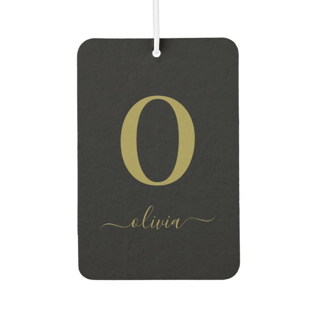 Monogram Script Name Personalized Black And Gold Air Freshener (Front)