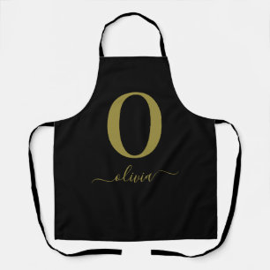 Monogram Script Name Personalized Black And Gold Apron
