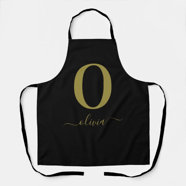 Monogram Script Name Personalized Black And Gold Apron (Front)