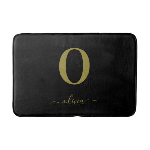 Monogram Script Name Personalized Black And Gold Bath Mat