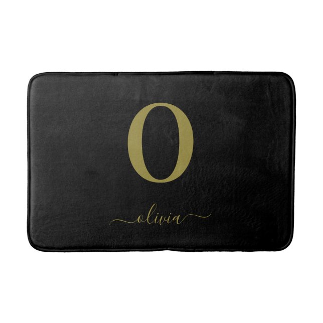 Monogram Script Name Personalized Black And Gold Bath Mat (Front)