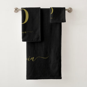 Monogram Script Name Personalized Black And Gold Bath Towel Set