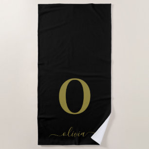 Monogram Script Name Personalized Black And Gold Beach Towel