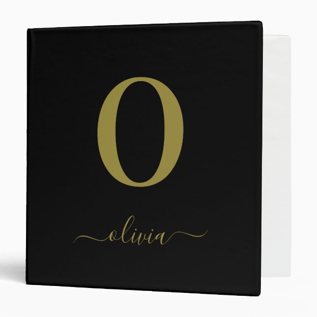 Monogram Script Name Personalized Black And Gold Binder (Front/Inside)