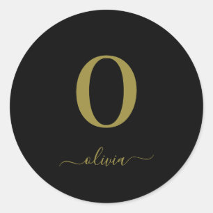 Monogram Script Name Personalized Black And Gold Classic Round Sticker