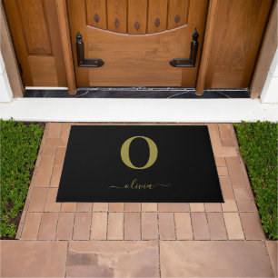Monogram Script Name Personalized Black And Gold Doormat