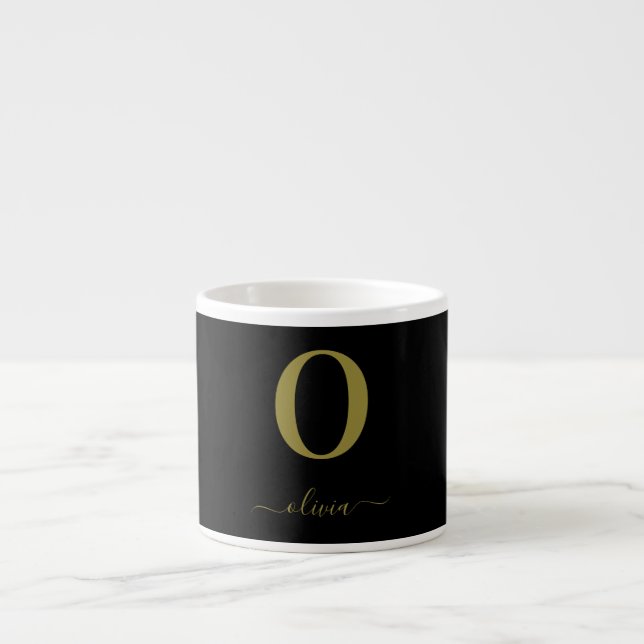 Monogram Script Name Personalized Black And Gold Espresso Cup (Front)