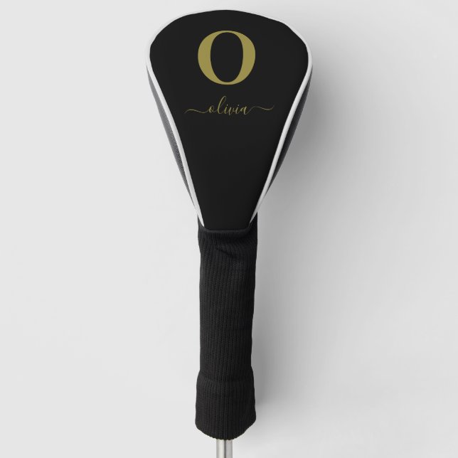 Monogram Script Name Personalized Black And Gold Golf Head Cover (Front)