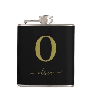 Monogram Script Name Personalized Black And Gold Hip Flask