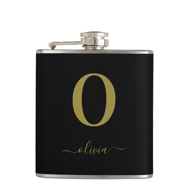 Monogram Script Name Personalized Black And Gold Hip Flask (Front)