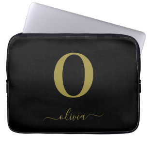 Monogram Script Name Personalized Black And Gold Laptop Sleeve